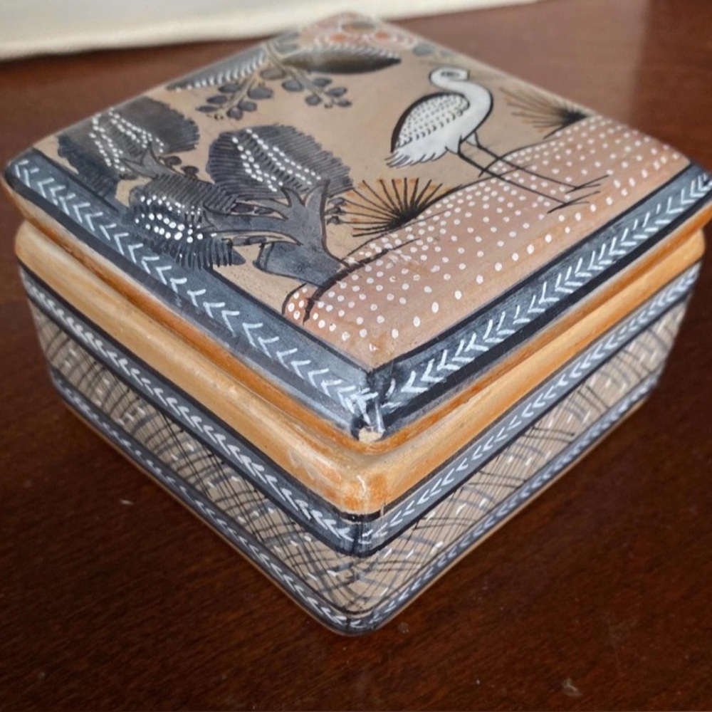 Artistic Tan and Black Ceramic Box with Bird Design